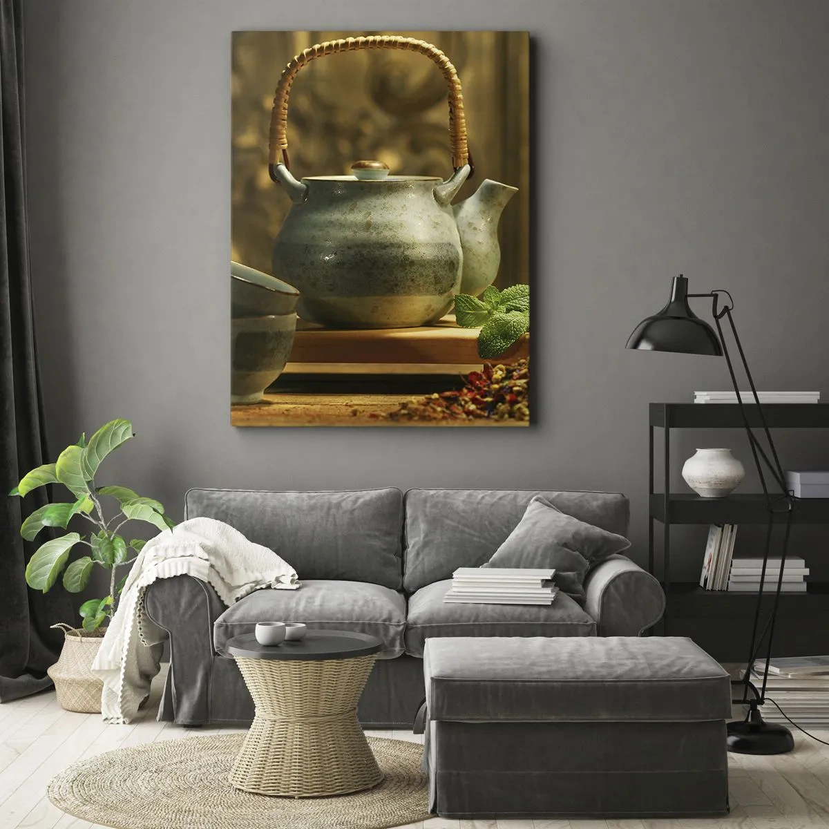 Bild auf Leinwand - Leinwandbild - Keramikkrug mit Tassen und getrocknetem Tee - 50x70cm - Abhandlung über das Teetrinken - Moderne Wanddekoration für Wohnzimmer und Schlafzimmer ARTTOR