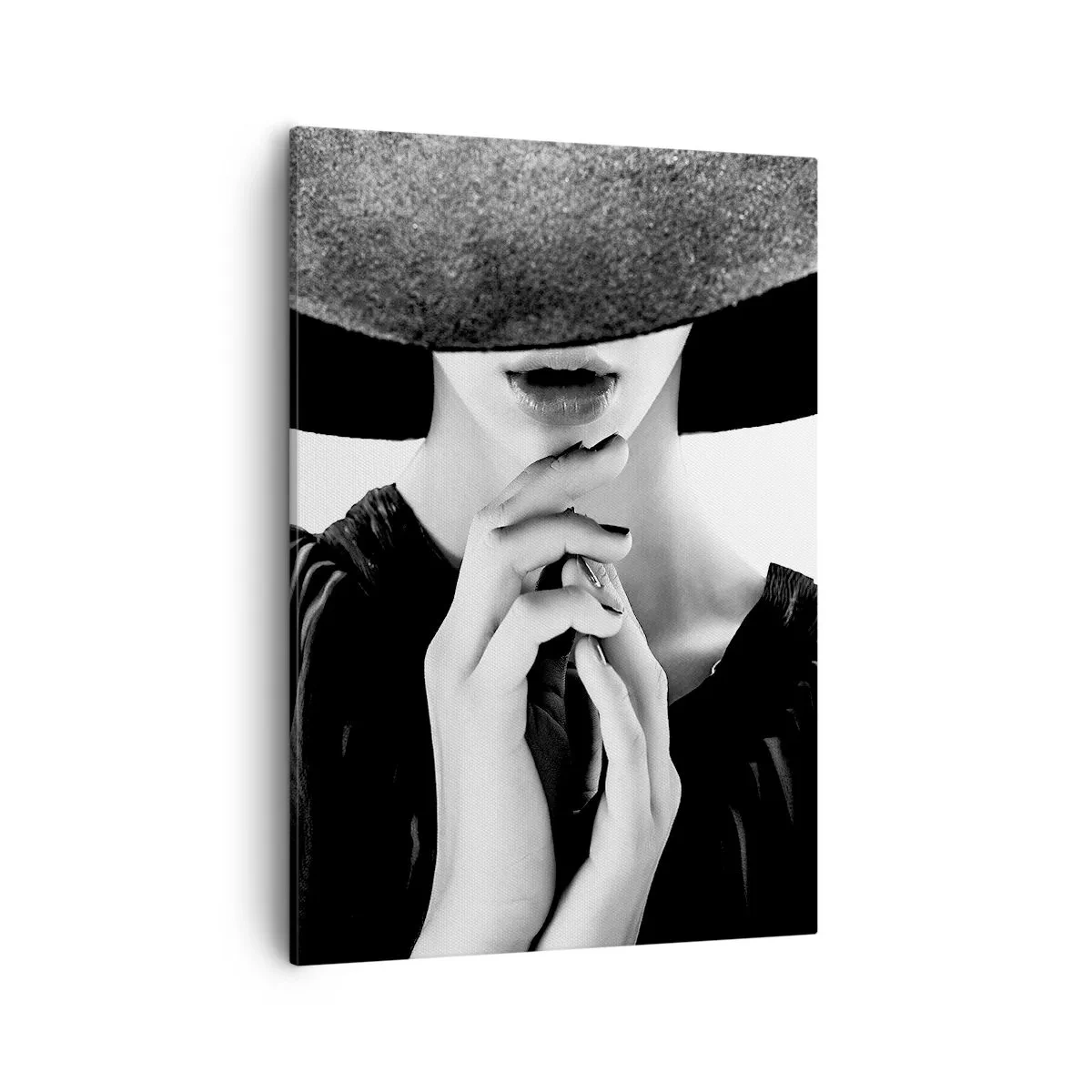 Bild auf Leinwand - Leinwandbild - Stilvolle Frau mit großem Hut in Schwarz-Weiß-Tönen - 50x70cm - Versteckte Schönheit - Moderne Wanddekoration für Wohnzimmer und Schlafzimmer ARTTOR