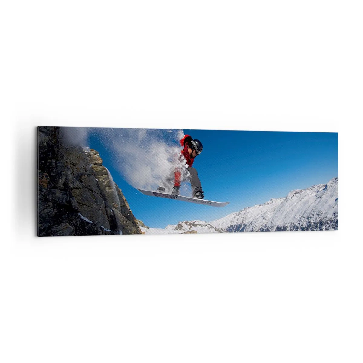 Bild auf Leinwand - Leinwandbild - Ein Snowboarder springt von einem Felsen vor einer Berglandschaft - 160x50cm - Und du wurdest Teil des Raums - Moderne Wanddekoration für Wohnzimmer und Schlafzimmer ARTTOR