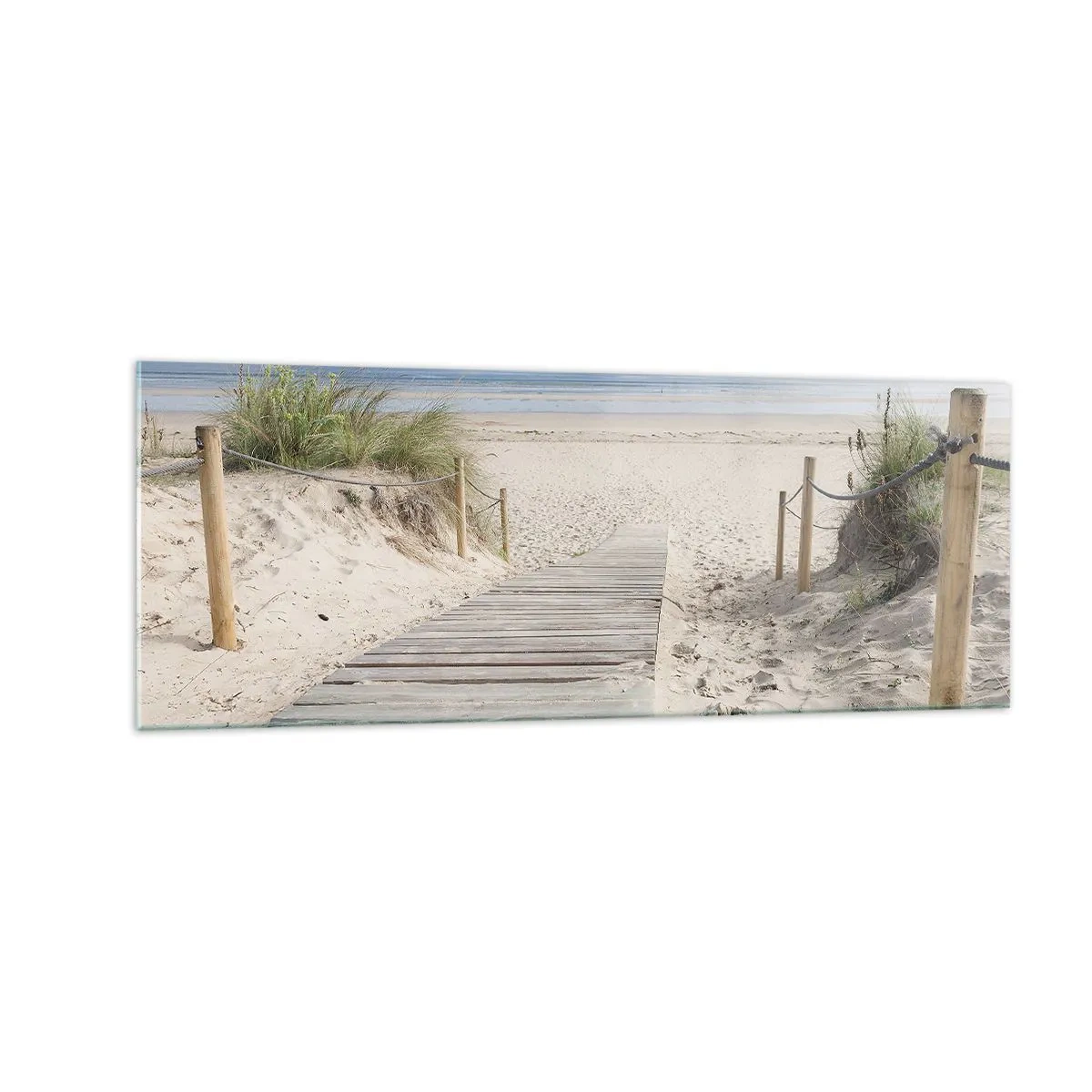 Glasbild - Bild auf glas - Ein Plankenweg, der zu einem Sandstrand führt - 140x50cm - Bis zum Horizont - Moderne Wanddekoration für Wohnzimmer und Schlafzimmer ARTTOR