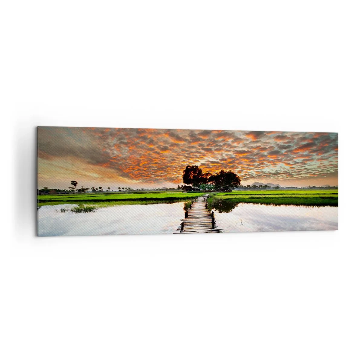 Bild auf Leinwand - Leinwandbild - Holzbrücke über dem Wasser bei Sonnenuntergang - 160x50cm - Arme ausstrecken - atmen - Moderne Wanddekoration für Wohnzimmer und Schlafzimmer ARTTOR