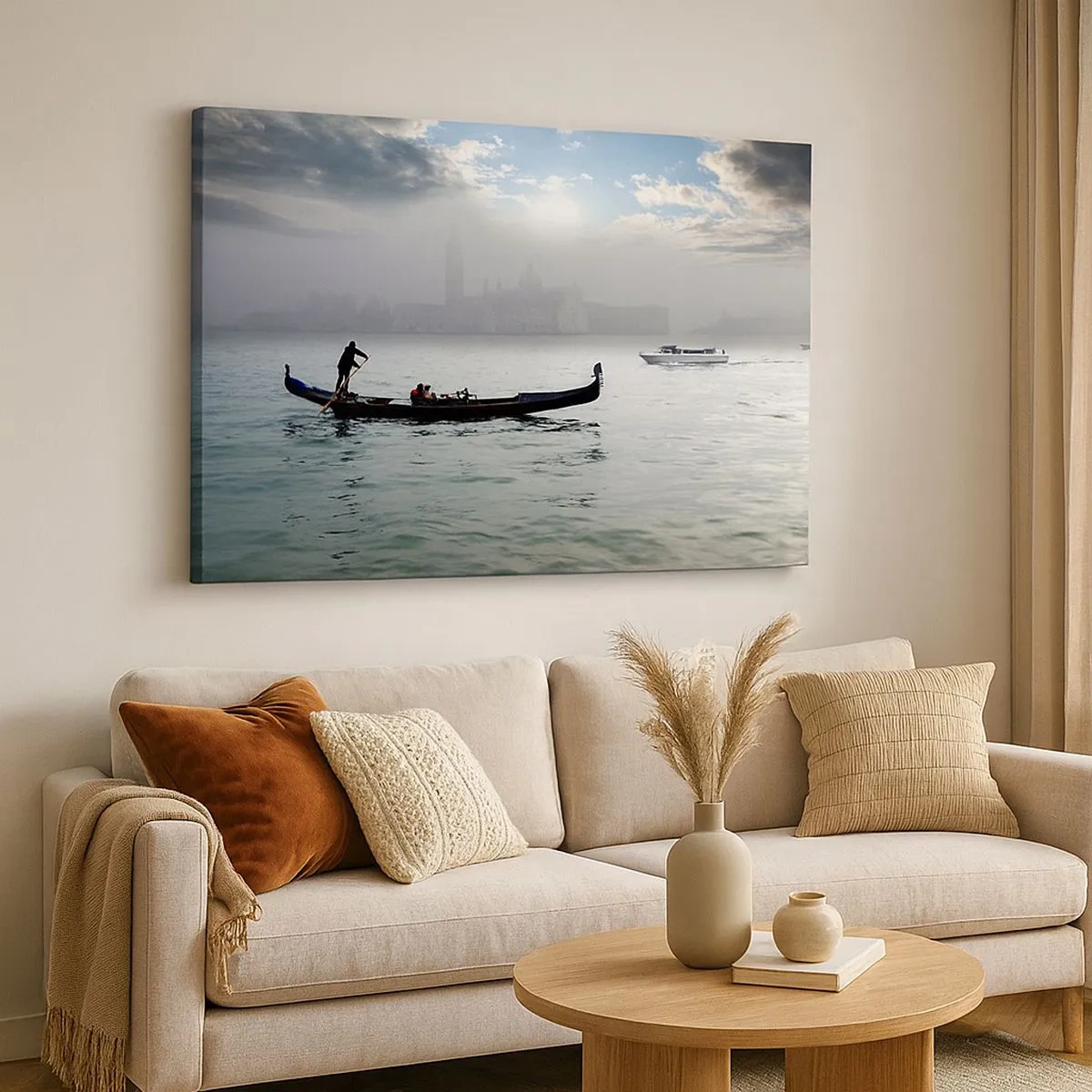 Bild auf Leinwand - Leinwandbild - An einem nebligen Morgen gleitet eine Gondel über die Gewässer Venedigs und bietet einen Blick auf die Stadt. - 70x50cm - Eine fabelhafte Stadt aus Wasser und Nebel - Moderne Wanddekoration ARTTOR