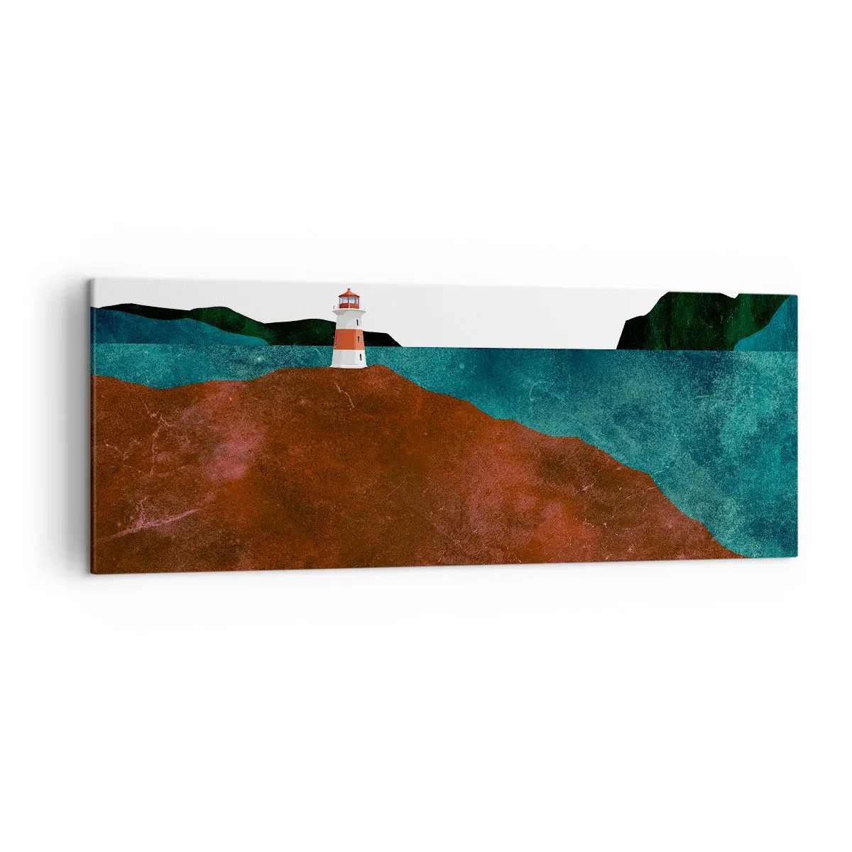 Bild auf Leinwand - Leinwandbild - Ein Leuchtturm vor der Kulisse von Bergen und Meer - 140x50cm - Aufs Meer starren - Moderne Wanddekoration für Wohnzimmer und Schlafzimmer ARTTOR