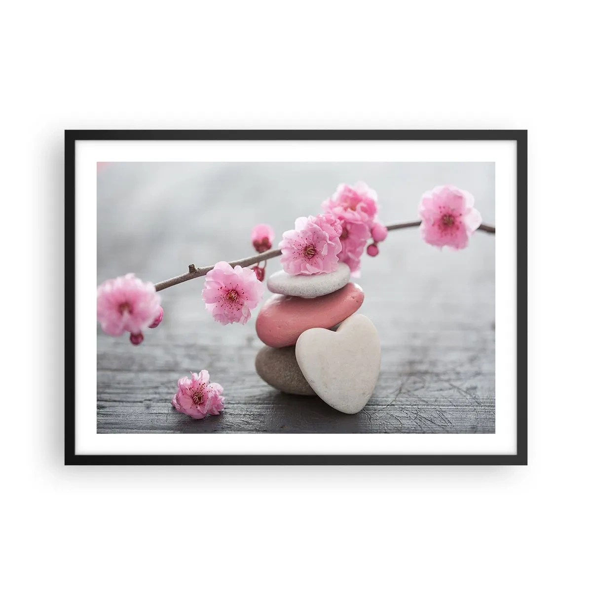Poster in einem schwarzem Rahmen - Zarte Kirschblüten mit herzförmigen Steinen - 70x50cm - Glückseligkeit mit einer Kirschblüte - Moderne Wanddekoration für Wohnzimmer und Schlafzimmer ARTTOR