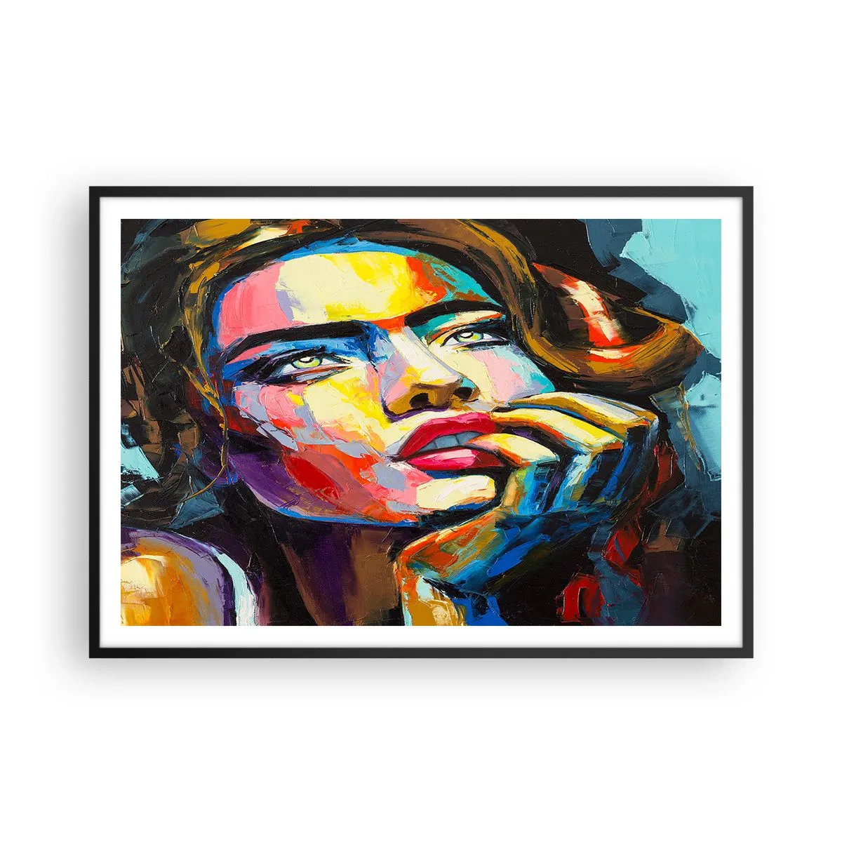 Poster in einem schwarzem Rahmen - Farbenfrohes Frauenporträt im expressionistischen Stil - 100x70cm - Träume fliegen am Himmel wie Vögel - Moderne Wanddekoration für Wohnzimmer und Schlafzimmer ARTTOR