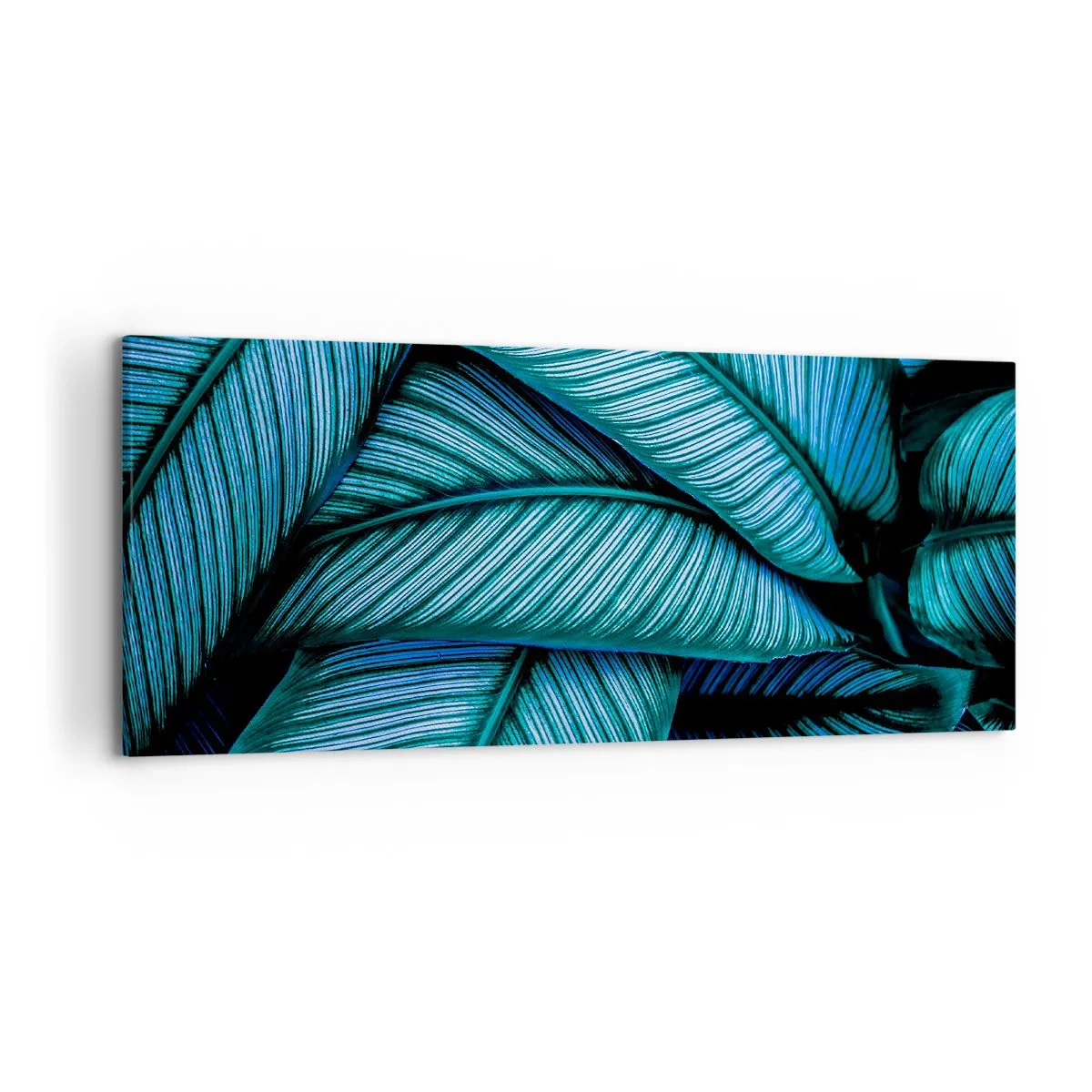 Bild auf Leinwand - Leinwandbild - Eine Nahaufnahme von türkisfarbenen Blättern mit lebendigen Details. - 120x50cm - Lebenslinien - Moderne Wanddekoration für Wohnzimmer und Schlafzimmer ARTTOR