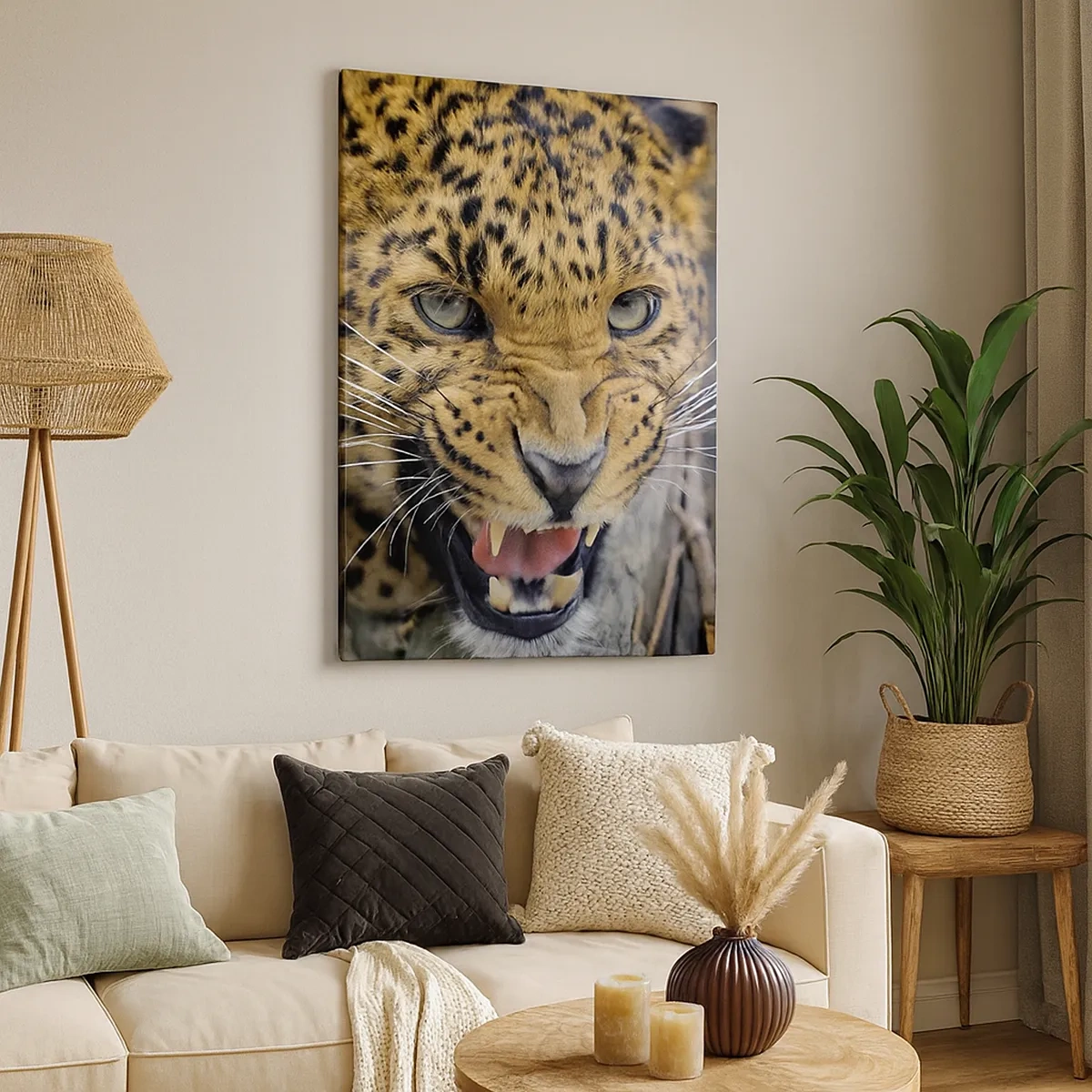 Bild auf Leinwand - Leinwandbild - Eine Nahaufnahme eines bedrohlichen Leoparden mit gefletschten Reißzähnen. - 50x70cm - Bleib zurück, ich warne dich! - Moderne Wanddekoration für Wohnzimmer und Schlafzimmer ARTTOR