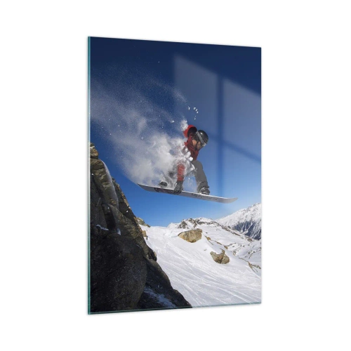Glasbild - Bild auf glas - Ein Snowboarder springt vor einer Bergkulisse - 50x70cm - Und du wurdest Teil des Raums - Moderne Wanddekoration für Wohnzimmer und Schlafzimmer ARTTOR