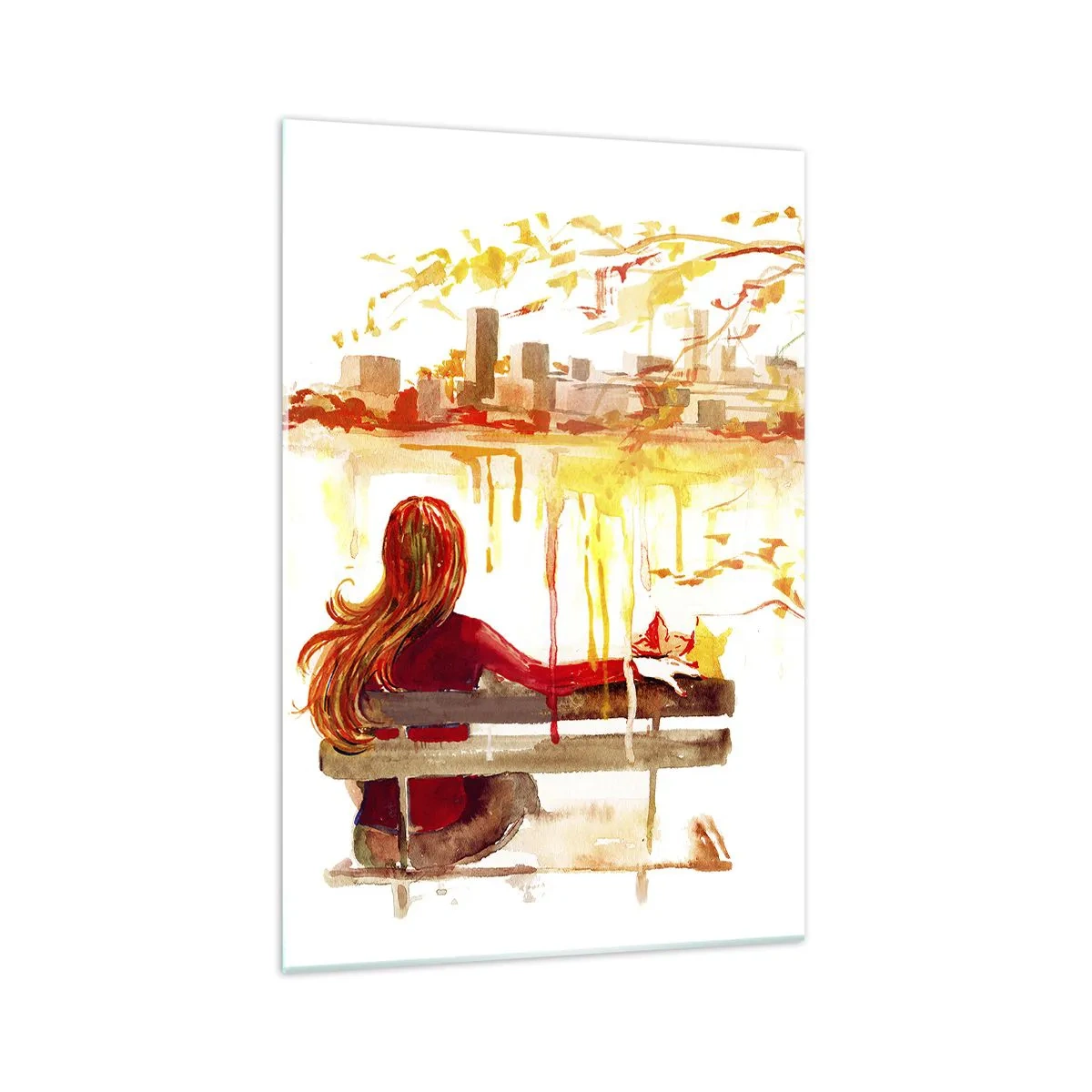 Glasbild - Bild auf glas - Aquarellszene einer Frau auf einer Bank mit Blick auf die Stadt - 70x100cm - Ein Moment der Besinnung - Moderne Wanddekoration für Wohnzimmer und Schlafzimmer ARTTOR