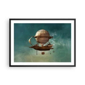 Poster in einem schwarzem Rahmen - Ein fantastisches Luftschiff vor dem grünlichen Himmel - 70x50cm - Jules Verne sagt Hallo - Moderne Wanddekoration für Wohnzimmer und Schlafzimmer ARTTOR