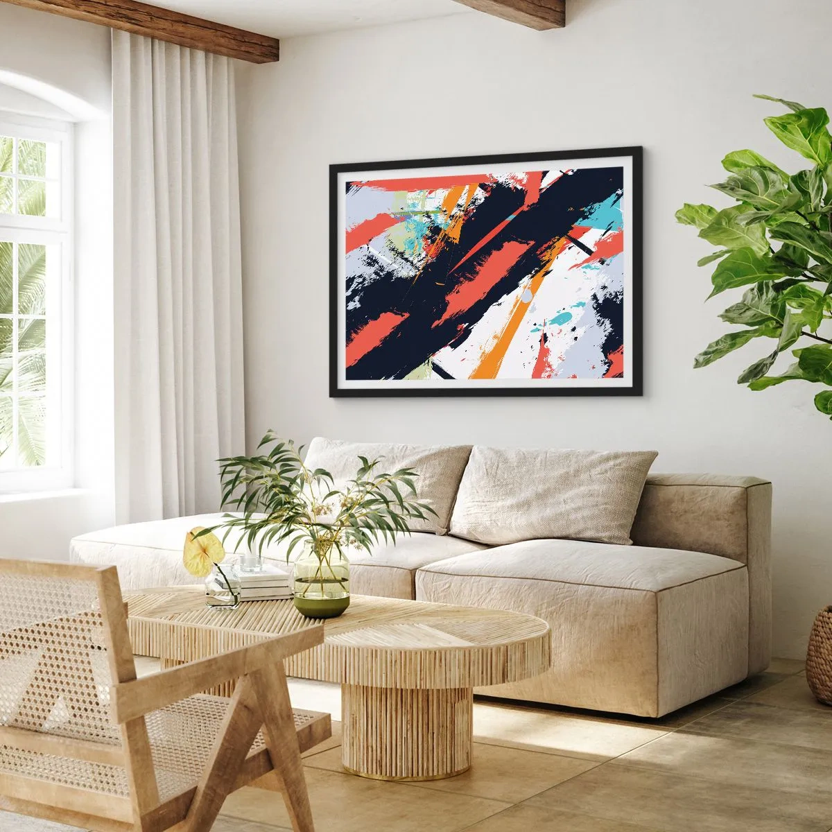 Poster in einem schwarzem Rahmen - Abstrakte Pinselstriche in leuchtenden Farben - 100x70cm - Dynamische Komposition - Moderne Wanddekoration für Wohnzimmer und Schlafzimmer ARTTOR