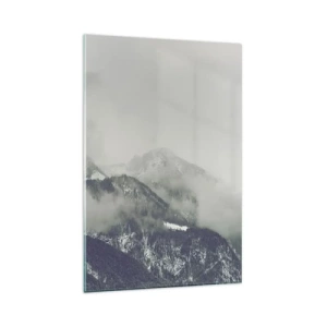 Glasbild - Bild auf glas - Ein in Nebel gehülltes Bergtal in Grautönen - 80x120cm - Nebliges Tal - Moderne Wanddekoration für Wohnzimmer und Schlafzimmer ARTTOR