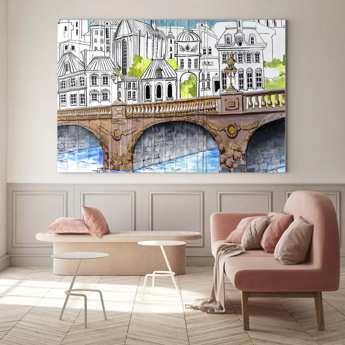 Glasbild - Bild auf glas - Die Brücke und die Stadtarchitektur in Form einer Aquarellskizze - 120x80cm - Die Stadt ist gemalt - Moderne Wanddekoration für Wohnzimmer und Schlafzimmer ARTTOR
