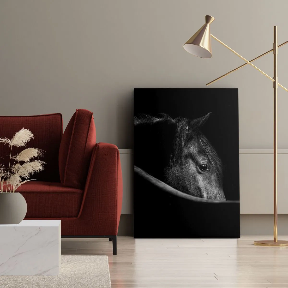 Bild auf Leinwand - Leinwandbild - Ein Schwarz-Weiß-Porträt eines Pferdes mit einem subtilen Spiel aus Licht und Schatten vor dunklem Hintergrund. - 50x70cm - Schwarzer Prinz - Moderne Wanddekoration für Wohnzimmer und Schlafzimmer ARTTOR