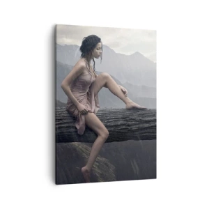 Bild auf Leinwand - Leinwandbild - Eine Frau und eine Katze auf einem Baumstamm im Regen mit Blick auf die Berge. - 50x70cm - Gipfel der Schönheit - Moderne Wanddekoration für Wohnzimmer und Schlafzimmer ARTTOR