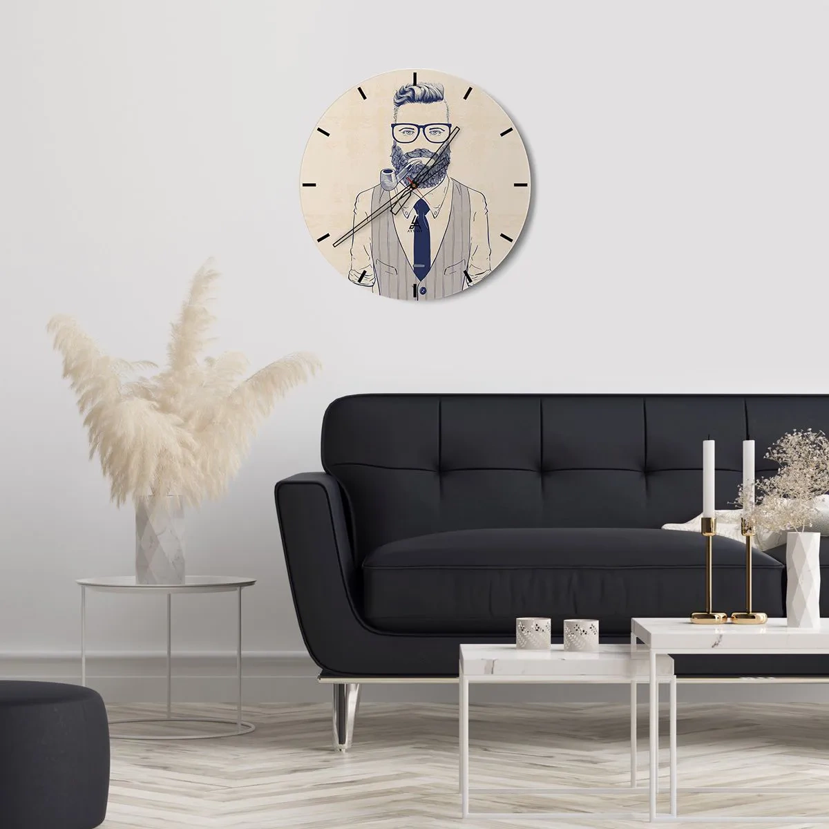 Wanduhr - Glasuhr - Hipster-Bild eines bärtigen Mannes mit einer Pfeife - 30x30cm - Fröhlich, maskulin und modisch - Moderne Wanddekoration für Wohnzimmer, Küche und Schlafzimmer ARTTOR