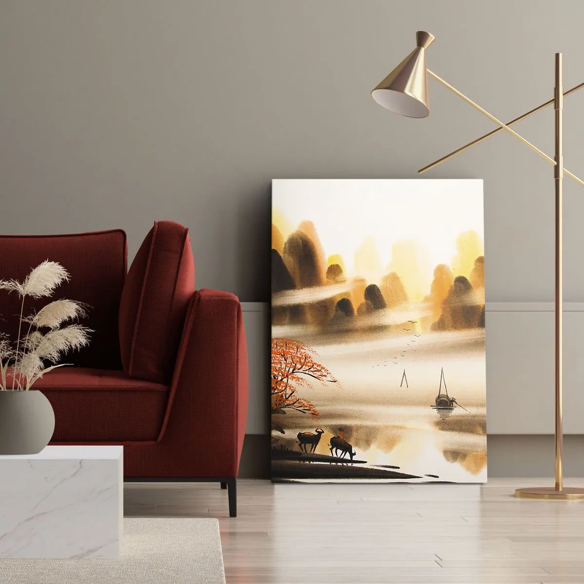 Bild auf Leinwand - Leinwandbild - Eine orientalische Landschaft mit Fluss, Bergen und sanftem Nebel. - 50x70cm - Weiter als im Fernosten - Moderne Wanddekoration für Wohnzimmer und Schlafzimmer ARTTOR