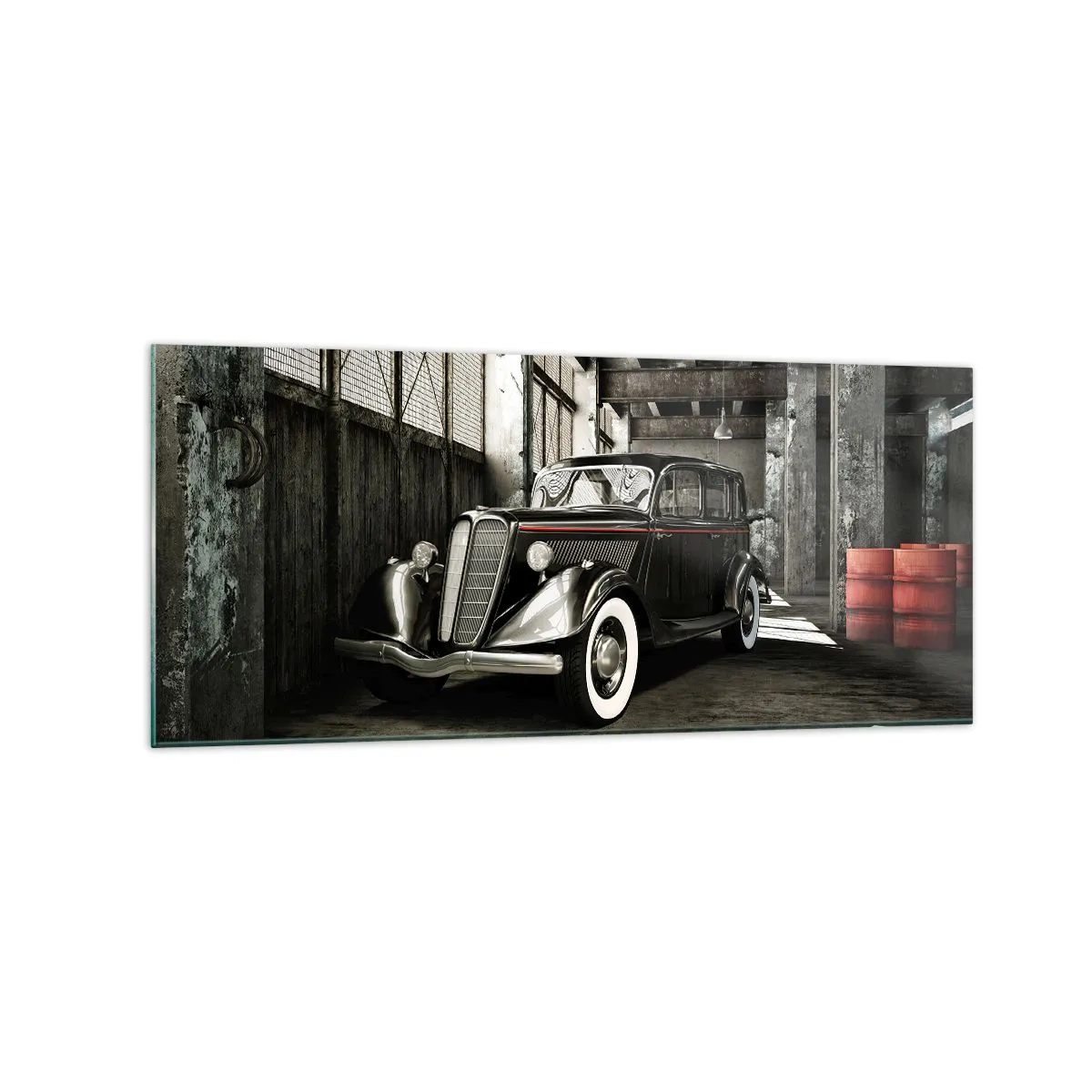 Glasbild - Bild auf glas - Stilvolles Retro-Auto in einem Rohlager - 120x50cm - Die ewige Eleganz der 1930er Jahre - Moderne Wanddekoration für Wohnzimmer und Schlafzimmer ARTTOR