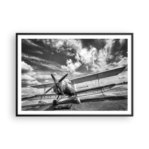 Poster in einem schwarzem Rahmen - Ein altes Flugzeug auf dem Flughafen in Schwarz und Weiß - 100x70cm - Ich kann es kaum erwarten! - Moderne Wanddekoration für Wohnzimmer und Schlafzimmer ARTTOR