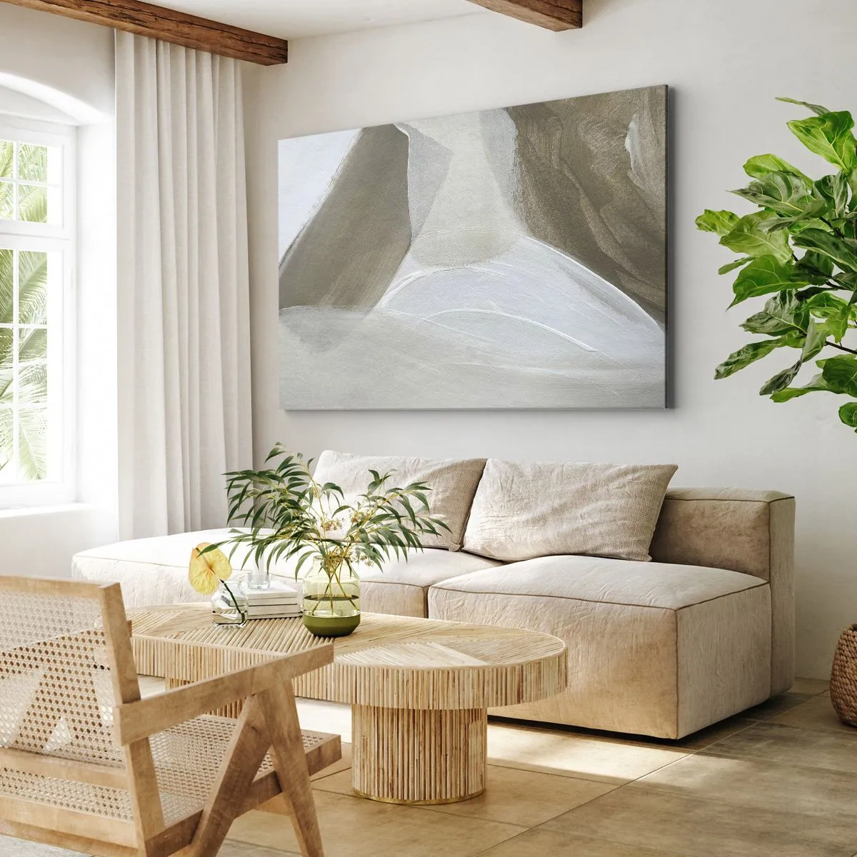 Bild auf Leinwand - Leinwandbild - Zarte Abstraktion in Beige- und Weißtönen - 100x70cm - Welle aus Weiß - Moderne Wanddekoration für Wohnzimmer und Schlafzimmer ARTTOR