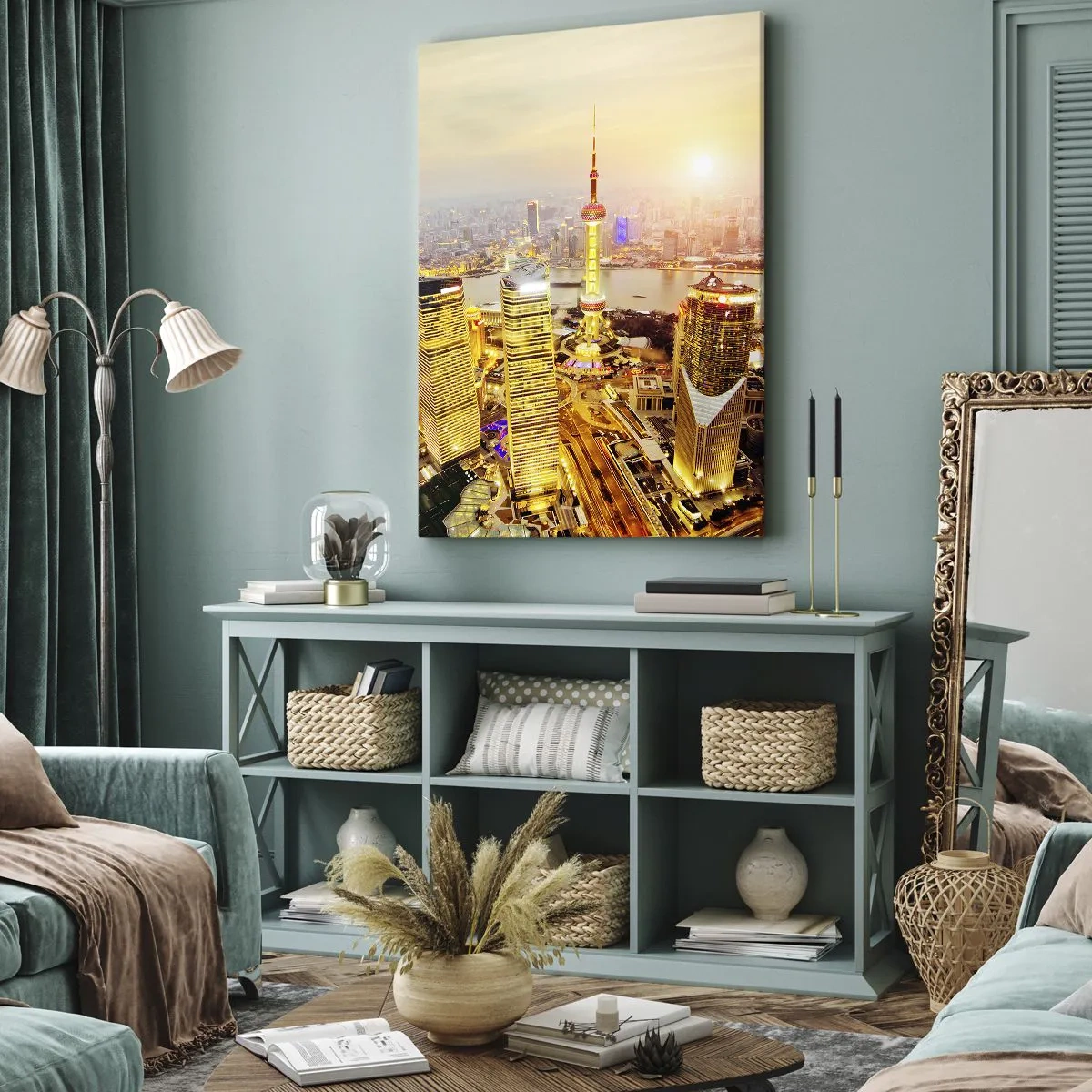 Bild auf Leinwand - Leinwandbild - Stadtpanorama mit Wolkenkratzern bei Sonnenuntergang - 70x100cm - Asiatischer Traum - Moderne Wanddekoration für Wohnzimmer und Schlafzimmer ARTTOR