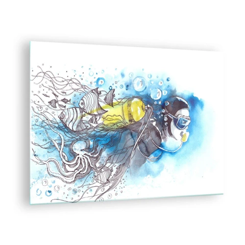 Glasbild - Bild auf glas - Taucher unter Wasser mit Fischen in künstlerischem Aquarell - 70x50cm - Tolles Blau - Moderne Wanddekoration für Wohnzimmer und Schlafzimmer ARTTOR
