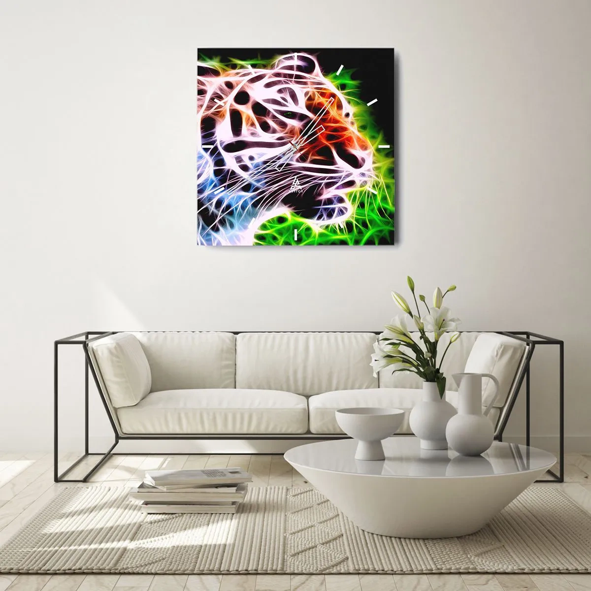 Wanduhr - Glasuhr - Farbenfrohes künstlerisches Porträt eines Tigers im Neonstil auf schwarzem Hintergrund. - 30x30cm - Schreckliche Aura - Moderne Wanddekoration für Wohnzimmer und Schlafzimmer ARTTOR