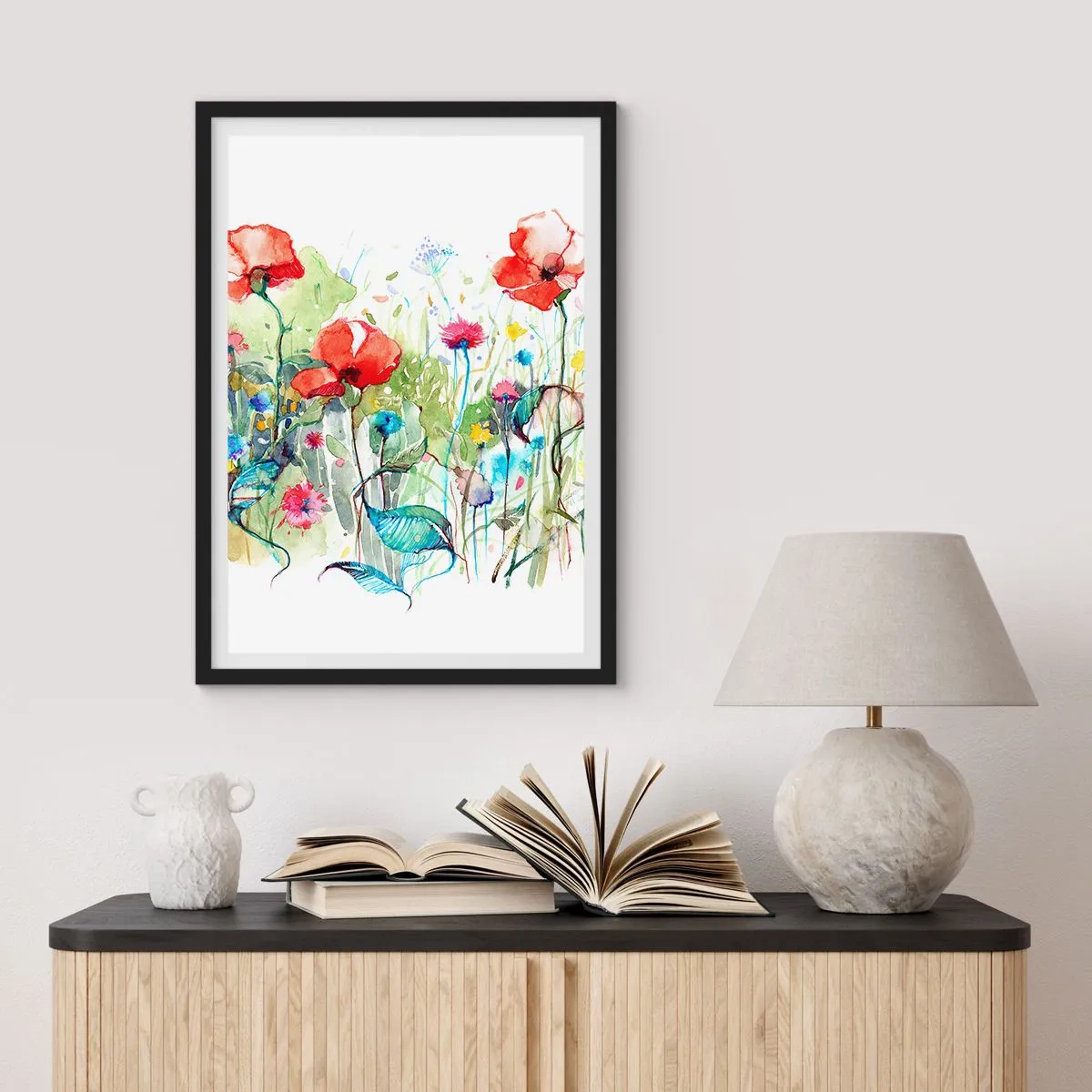 Poster in einem schwarzem Rahmen - Blühende Maiwiese - 70x100 cm