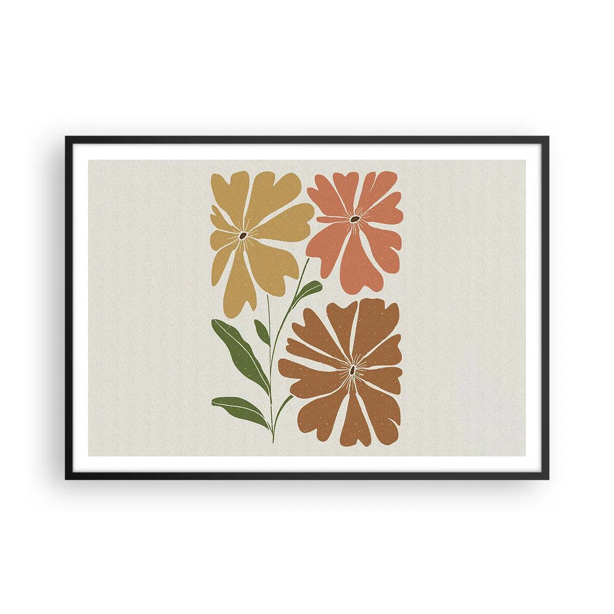 Poster in einem schwarzem Rahmen - Drei Blumen in warmen Farben auf hellem Hintergrund - 100x70cm - Natur und Geometrie - Moderne Wanddekoration für Wohnzimmer und Schlafzimmer ARTTOR