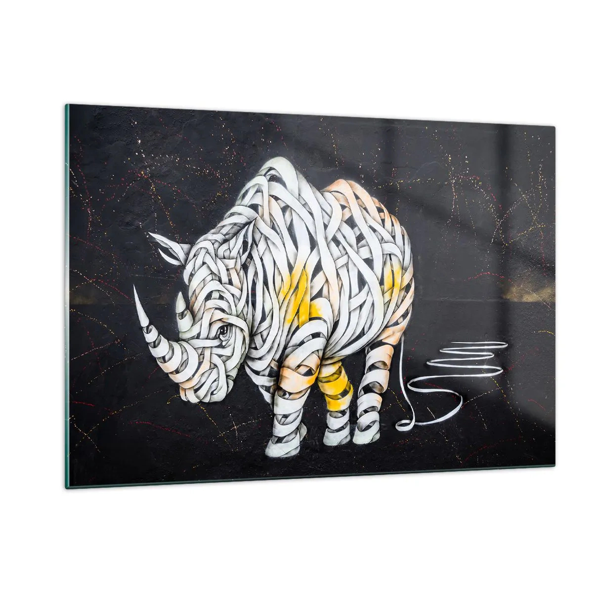 Glasbild - Bild auf glas - Abstrakte Zeichnung eines Nashorns in Form von Streifen - 120x80cm - Dicke Haut ist ein Mythos - Moderne Wanddekoration für Wohnzimmer und Schlafzimmer ARTTOR
