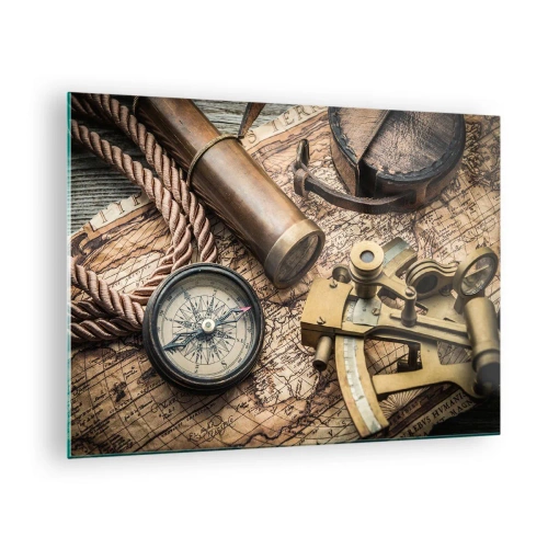 Glasbild - Bild auf glas - Kompass, Karte und Navigationshilfen im Retro-Stil - 70x50cm - Setze Sie einen Kurs - Moderne Wanddekoration für Wohnzimmer und Schlafzimmer ARTTOR