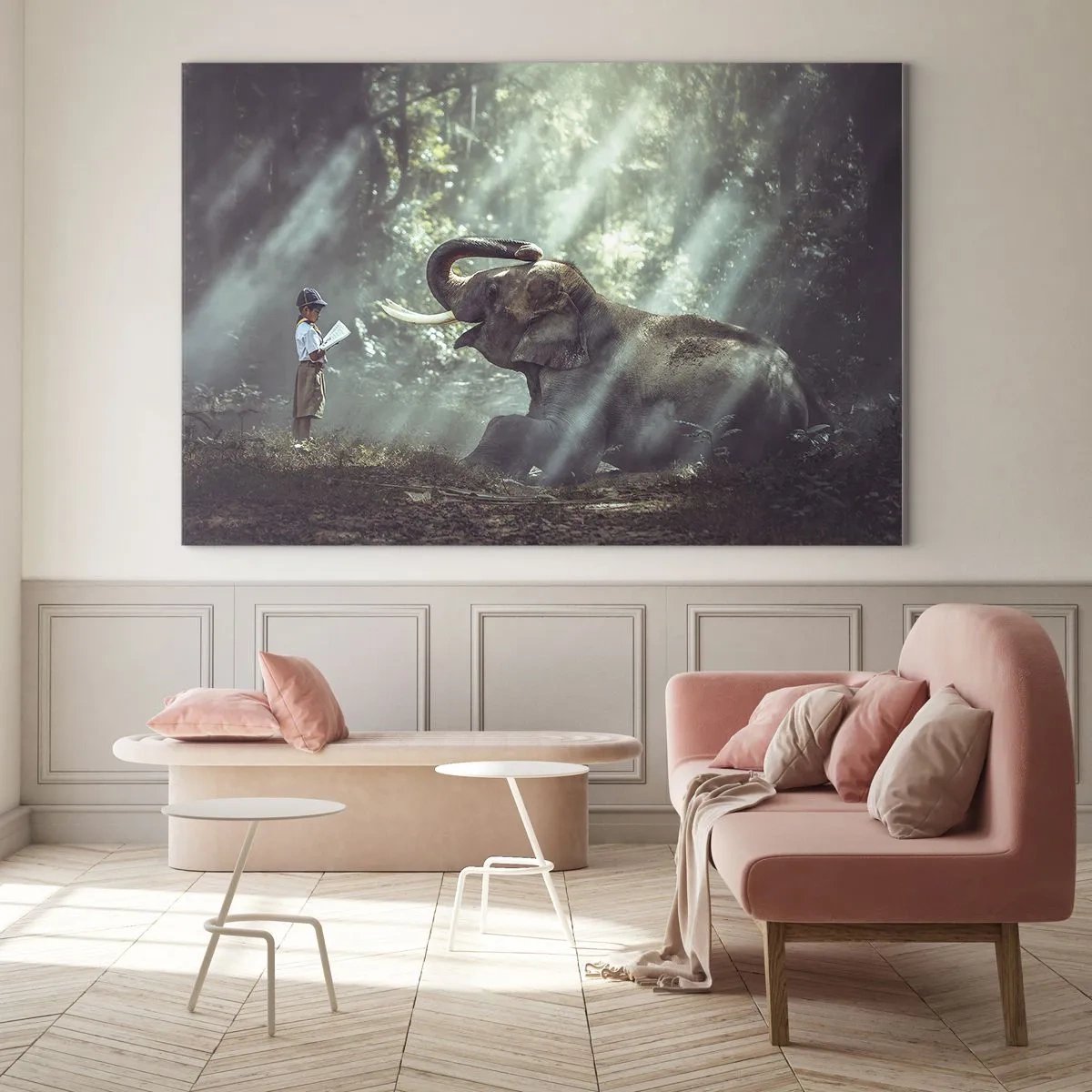 Glasbild - Bild auf glas - Ein Junge mit einem Buch und einem Elefanten in einer Waldkulisse - 70x50cm - Und hör dir das an... - Moderne Wanddekoration für Wohnzimmer und Schlafzimmer ARTTOR