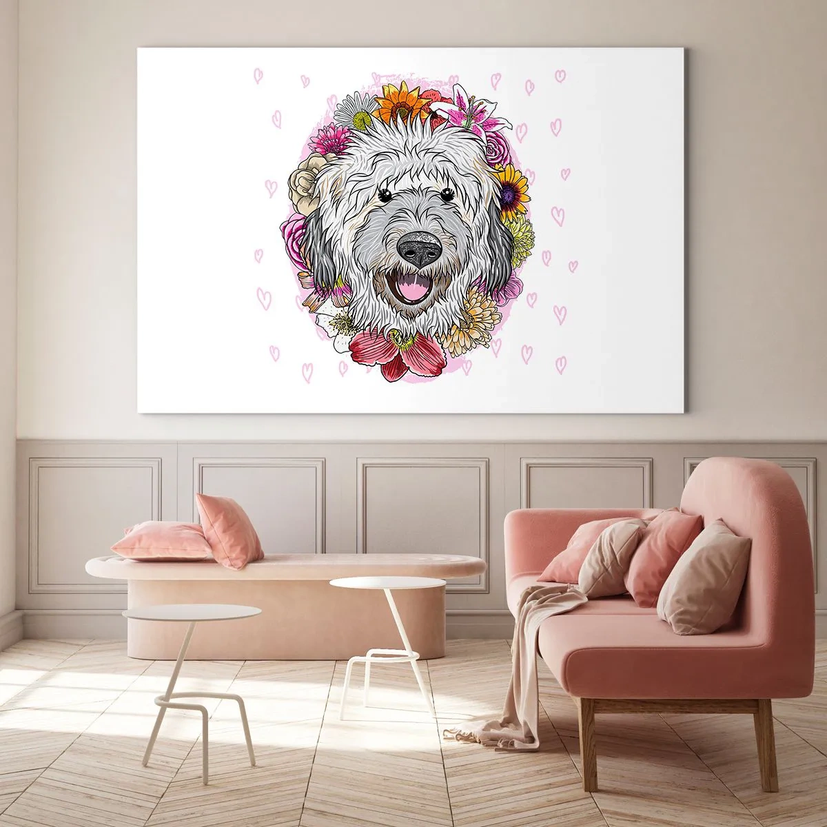 Glasbild - Bild auf glas - Illustration eines Hundes, umgeben von Blumen - 120x80cm - Welpenfreude - Moderne Wanddekoration für Wohnzimmer und Schlafzimmer ARTTOR