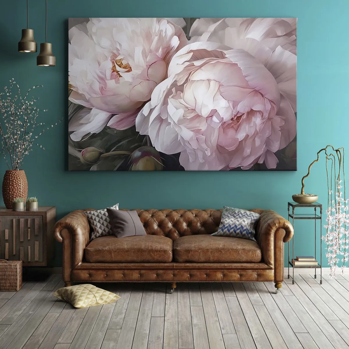 Bild auf Leinwand - Leinwandbild - Zarte rosa Pfingstrosen in voller Blüte - 70x50cm - In der Blüte angehalten - Moderne Wanddekoration für Wohnzimmer und Schlafzimmer ARTTOR