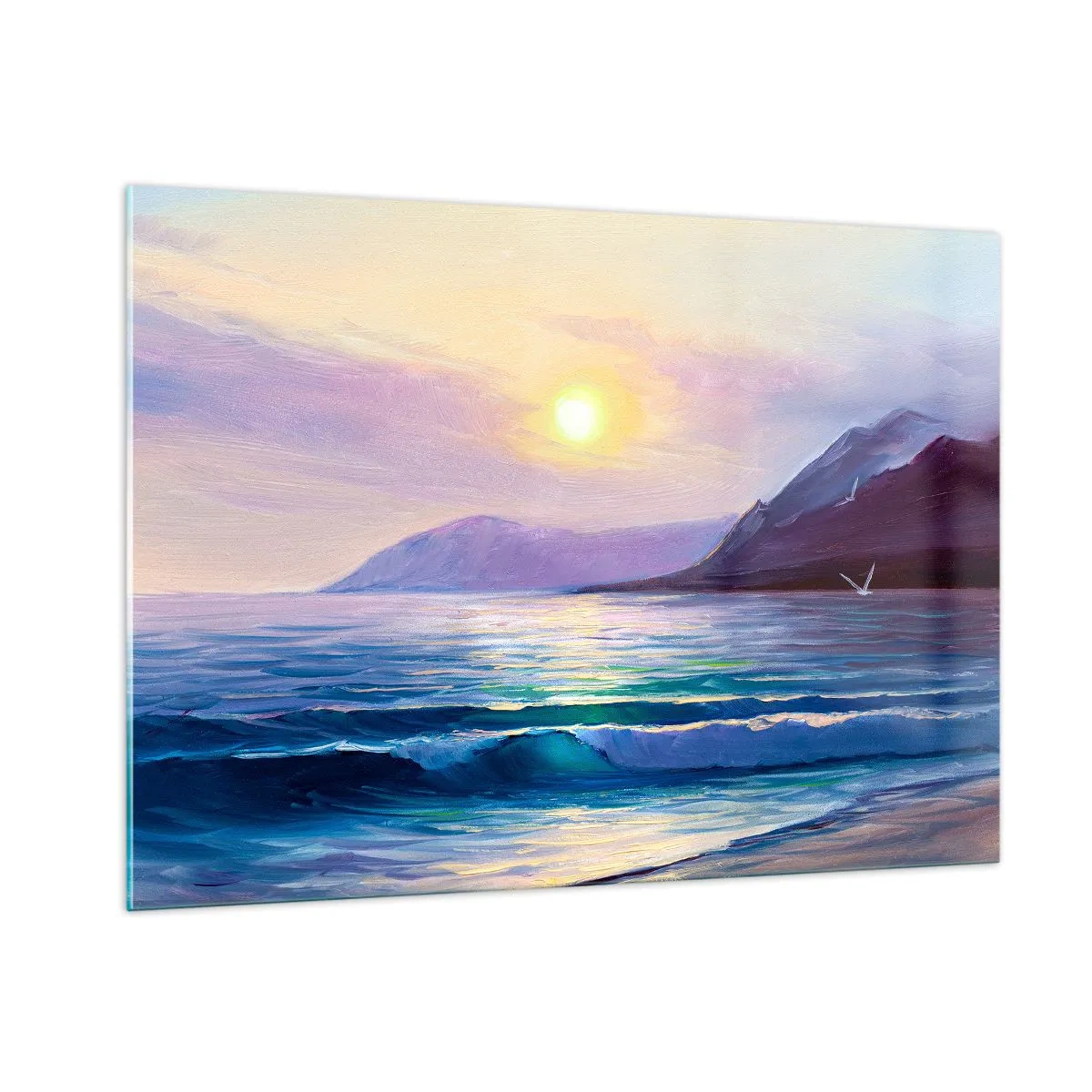 Glasbild - Bild auf glas - Ein malerischer Sonnenuntergang über dem ruhigen Meer und den Bergen - 100x70cm - Wasser- und Luftkristall - Moderne Wanddekoration für Wohnzimmer und Schlafzimmer ARTTOR
