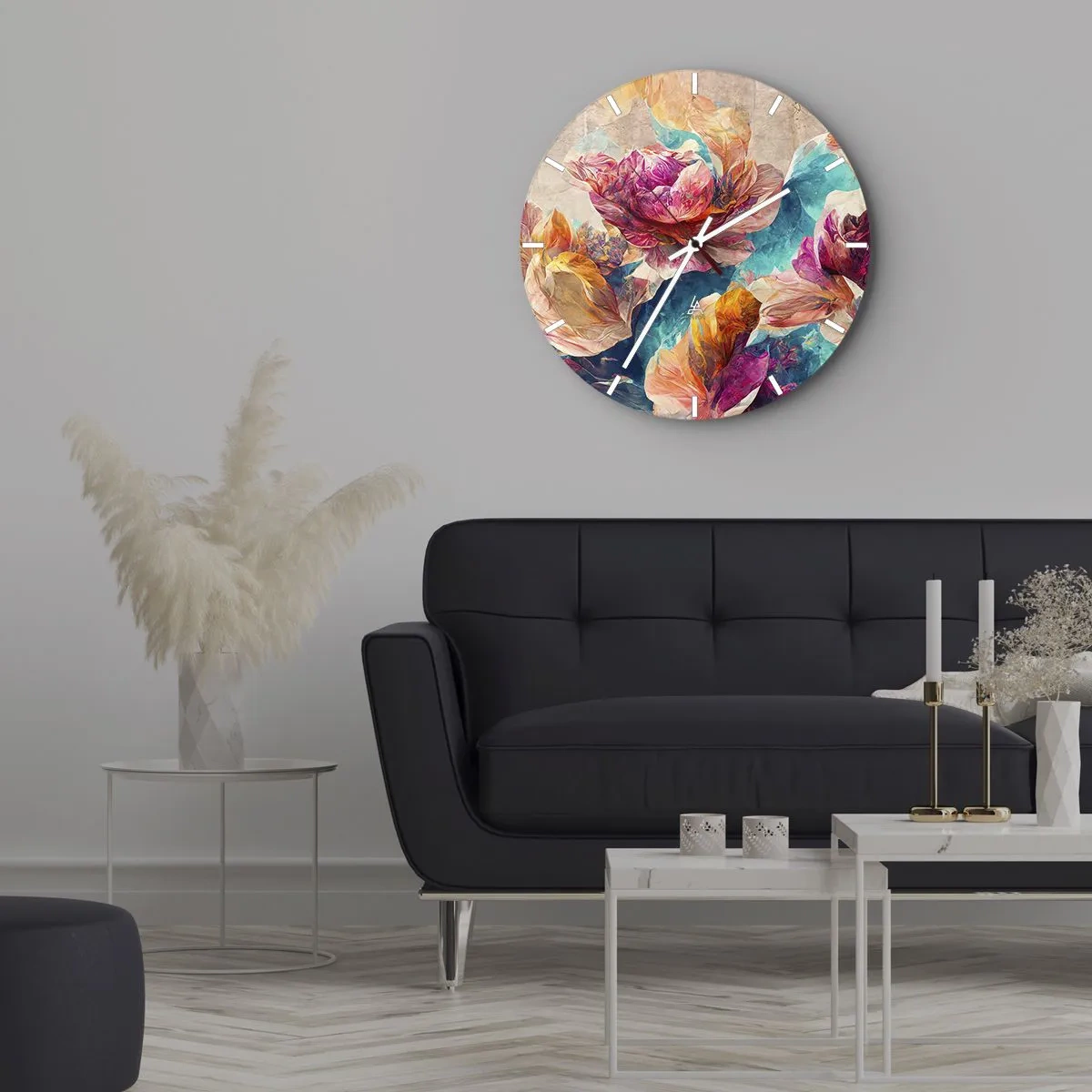 Wanduhr - Glasuhr - Ein bunter Blumenstrauß auf türkisfarbenem Hintergrund - 30x30cm - Farbenpracht des Straußes - Moderne Wanddekoration für Wohnzimmer, Küche und Schlafzimmer ARTTOR