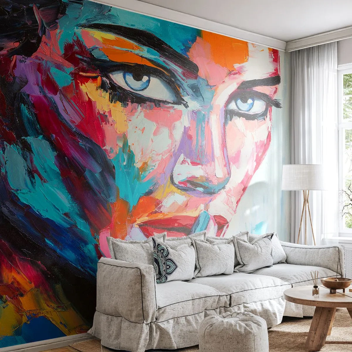 Fototapete Premium Canvas - Farbenfrohes Porträt einer Frau im abstrakten Stil - 100x70cm - Unser erstes Geheimnis - Moderne Wanddekoration für Wohnzimmer und Schlafzimmer ARTTOR