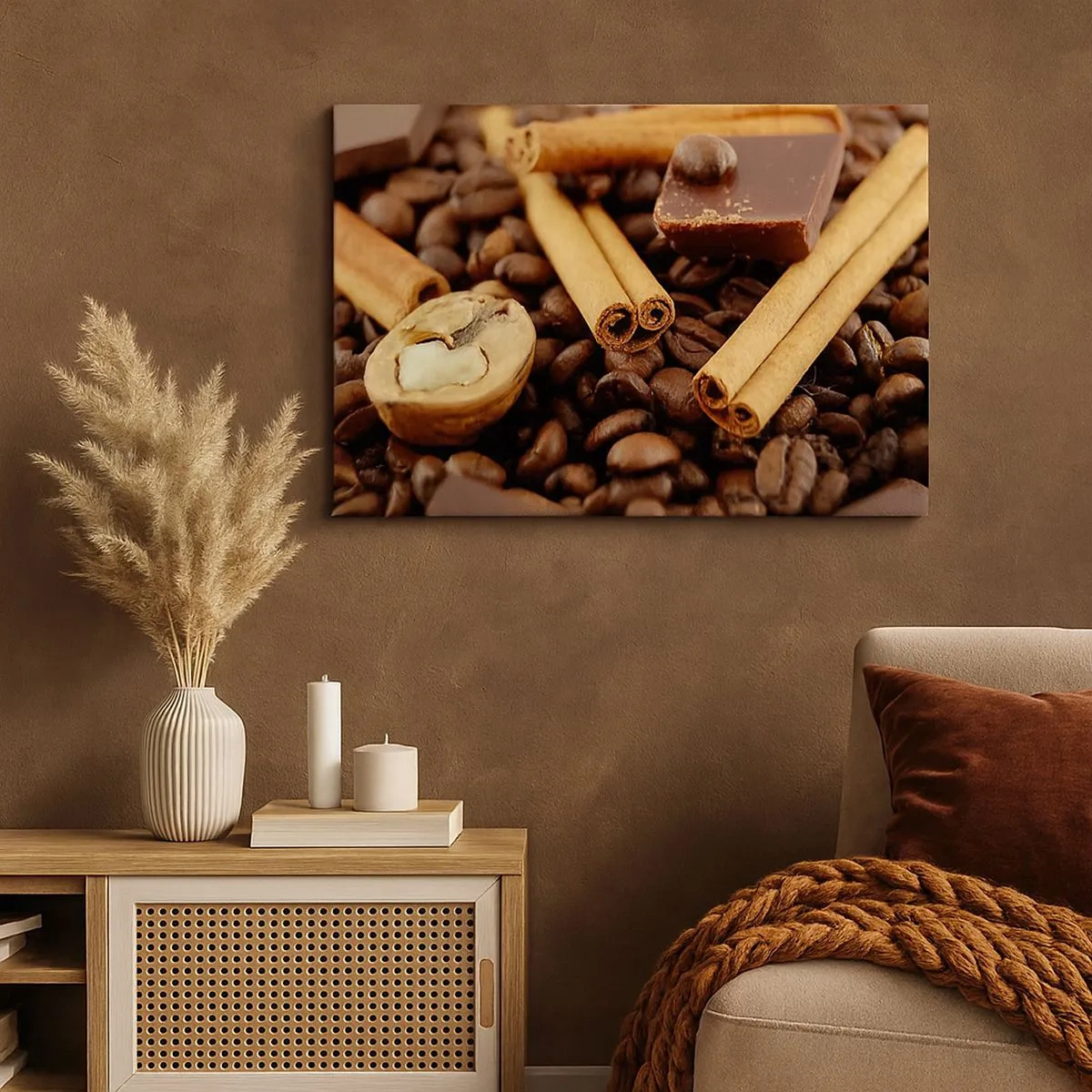 Bild auf Leinwand - Leinwandbild - Kaffeebohnen mit Zimtstangen, Schokolade und Walnuss. - 70x50cm - Konzert der Aromen - Moderne Wanddekoration für Wohnzimmer und Schlafzimmer ARTTOR
