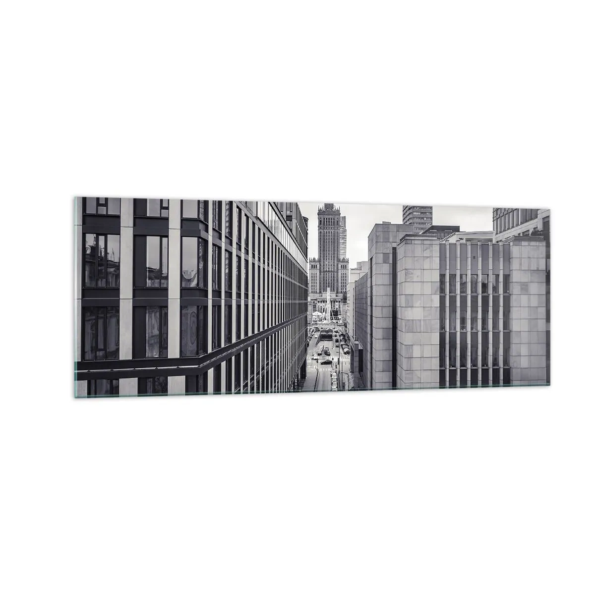 Glasbild - Bild auf glas - Panorama von Warschau mit Blick auf den Kulturpalast und die umliegenden Gebäude - 140x50cm - Warschauer Tal - Moderne Wanddekoration für Wohnzimmer und Schlafzimmer ARTTOR