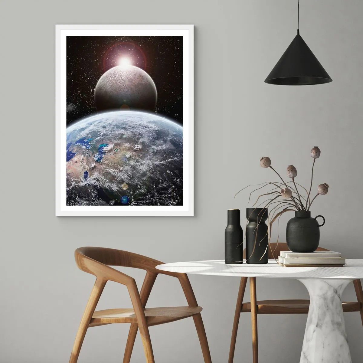Poster in einem weißen Rahmen - Weltraumlandschaft - Sonnenaufgang - 70x100 cm