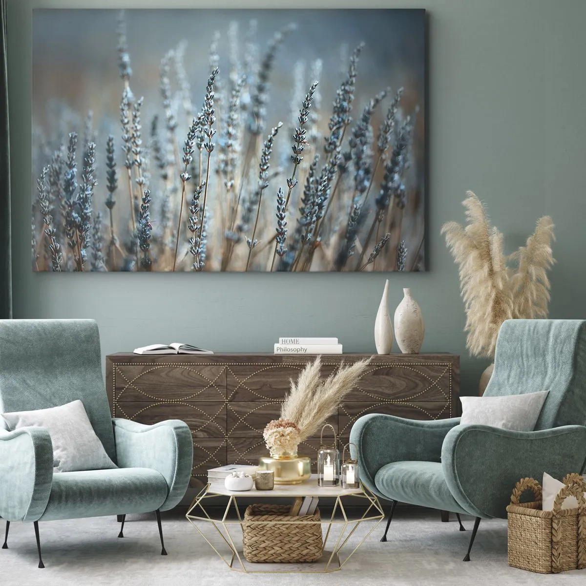 Bild auf Leinwand - Leinwandbild - Lavendel im Feld in dezenten Pastelltönen - 120x80cm - Duftendes Kornfeld - Moderne Wanddekoration für Wohnzimmer und Schlafzimmer ARTTOR