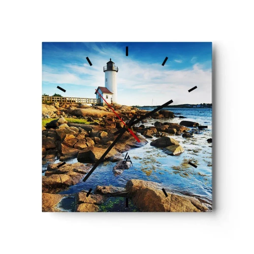 Wanduhr - Glasuhr - Ein Leuchtturm an einer felsigen Küste an einem sonnigen Tag - 30x30cm - Komm glücklich zurück, ich warte - Moderne Wanddekoration für Wohnzimmer und Schlafzimmer ARTTOR