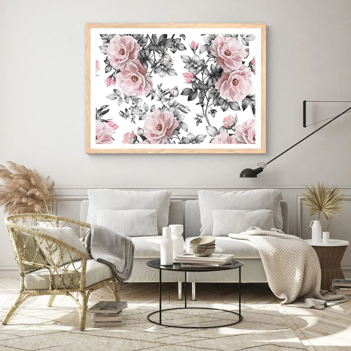 Poster in einem Rahmen aus heller Eiche - Verliere dich in den Blüten der Rosen - 50x40 cm