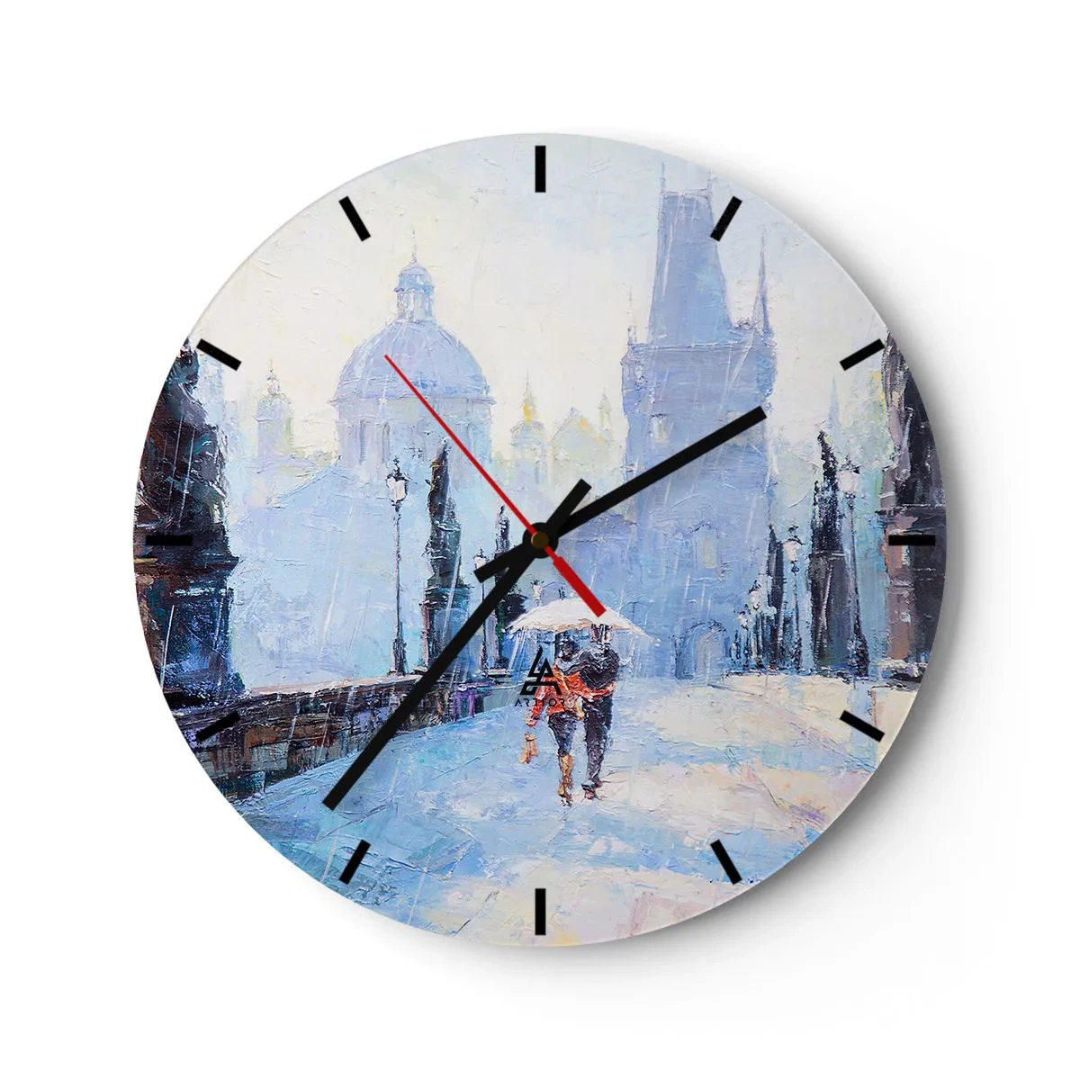 Wanduhr - Glasuhr - Romantische Szene auf einer Brücke im Regen vor malerischer Stadtkulisse - 30x30cm - Der Regen muss uns verzaubert haben - Moderne Wanddekoration für Wohnzimmer, Küche und Schlafzimmer ARTTOR