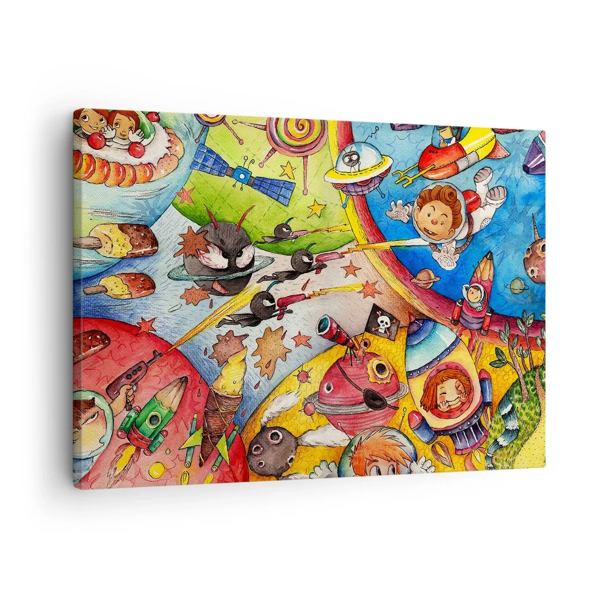 Bild auf Leinwand - Leinwandbild - Eine bunte Weltraumszene voller Kinder und Raumschiffe - 70x50cm - Tolles Weltraumabenteuer - Moderne Wanddekoration für Wohnzimmer und Schlafzimmer ARTTOR