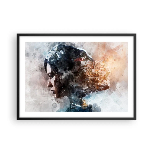 Poster in einem schwarzem Rahmen - Porträt einer Frau, die ihr Gesicht mit einer Stadtlandschaft im Hintergrund kombiniert - 70x50cm - Eine Geschichte über ein Mädchen mit einer Stadt im Hintergrund - Moderne Wanddekoration für Wohnzimmer und Schlafzimmer