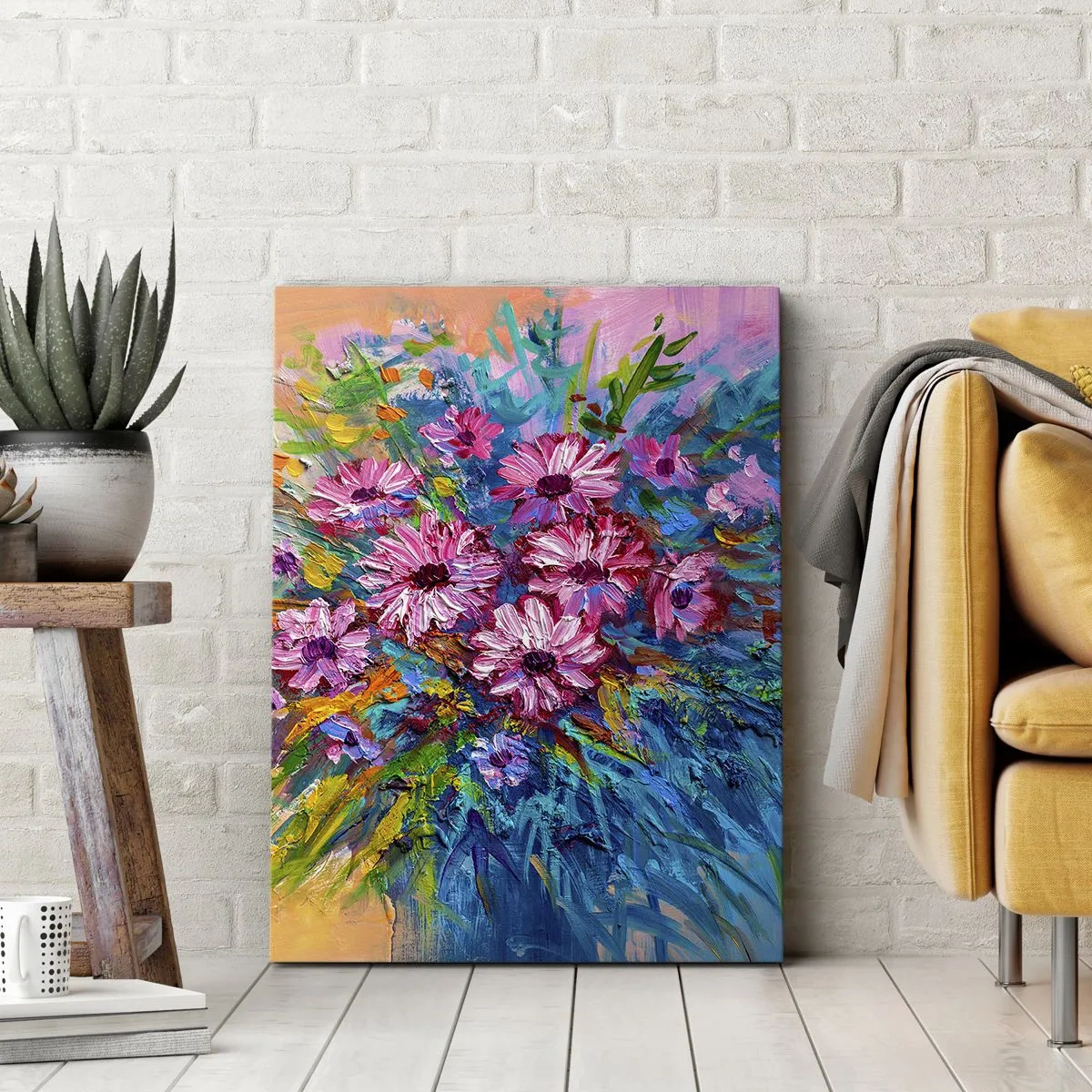 Bild auf Leinwand - Leinwandbild - Bunte Blumen in einem Strauß vor pastellfarbenem Hintergrund - 80x120cm - Lebensenergie - Moderne Wanddekoration für Wohnzimmer und Schlafzimmer ARTTOR