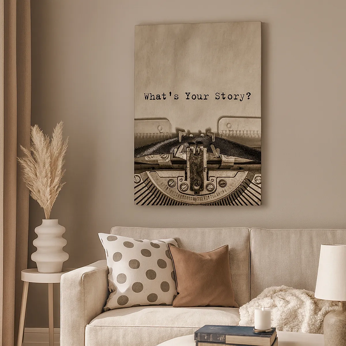 Bild auf Leinwand - Leinwandbild - Eine Schreibmaschine mit den Worten „Was ist Ihre Geschichte?“ - 50x70cm - Erzähl es mir - Moderne Wanddekoration für Wohnzimmer und Schlafzimmer ARTTOR