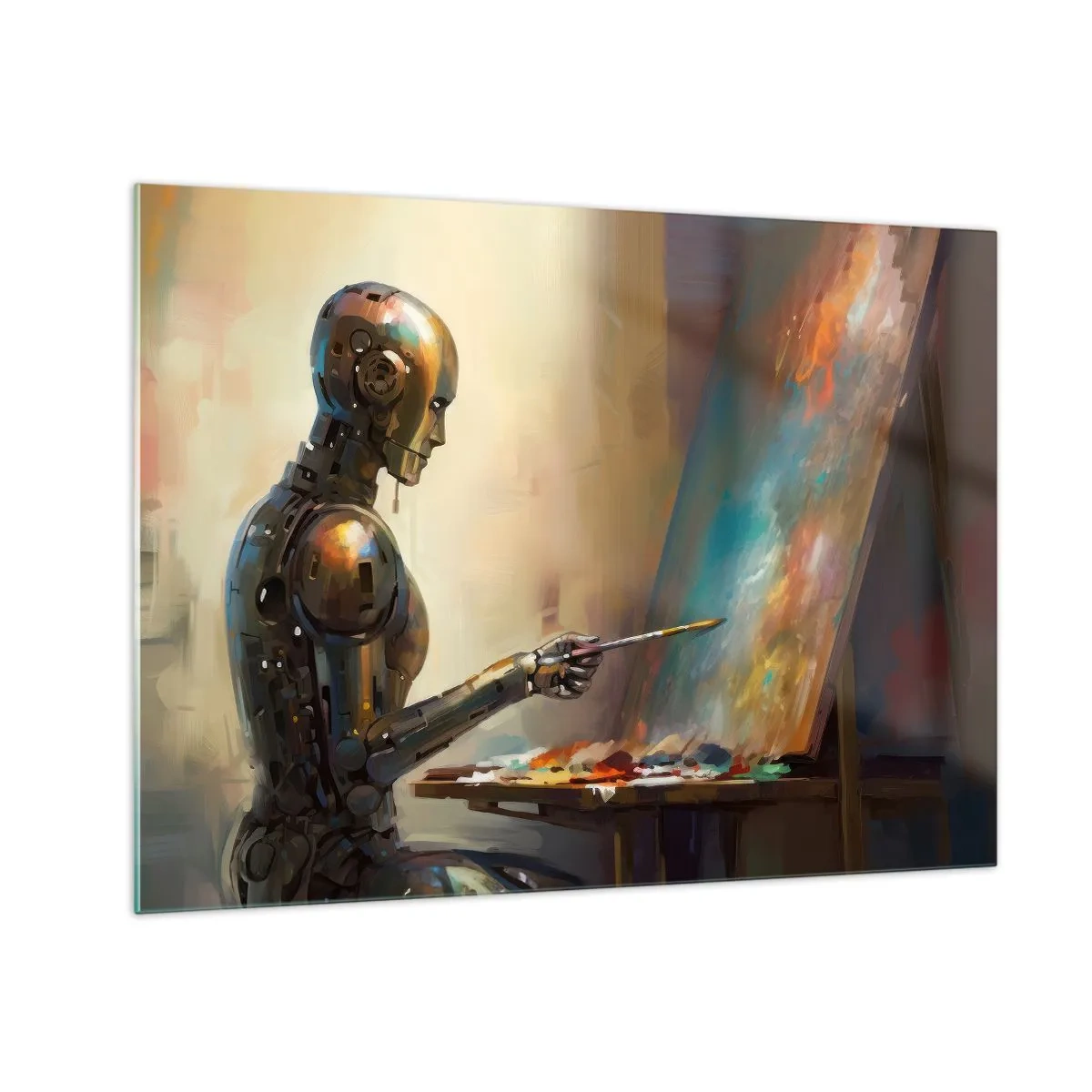 Glasbild - Bild auf glas - Ein Roboter malt ein Bild an einer Staffelei - 70x50cm - Die Kunst der Zukunft - Moderne Wanddekoration für Wohnzimmer und Schlafzimmer ARTTOR