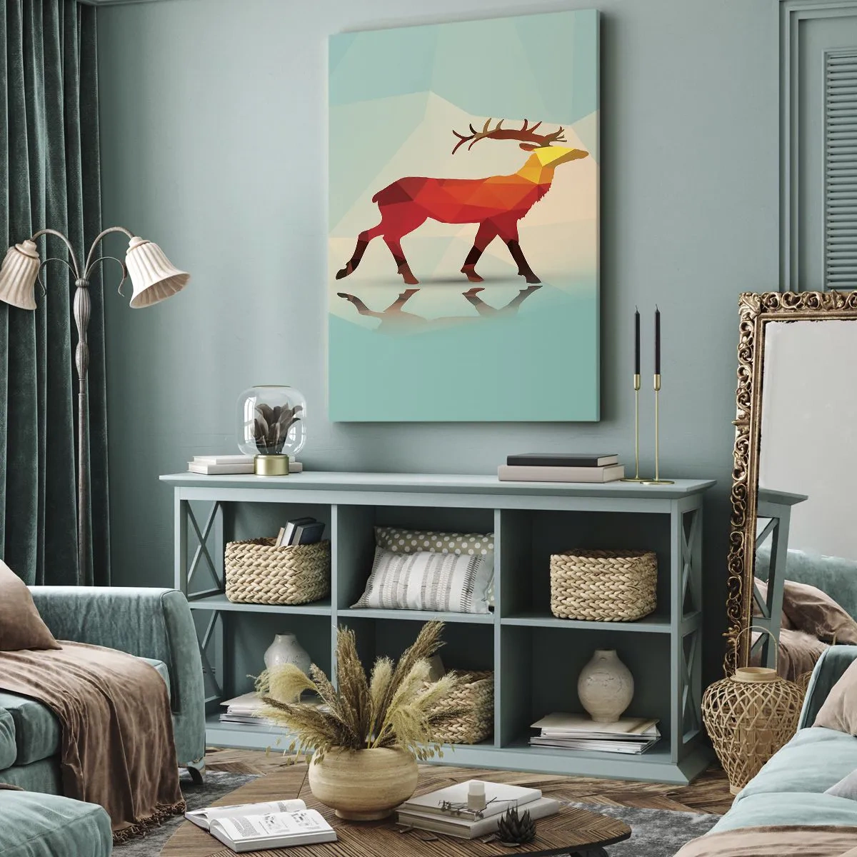 Bild auf Leinwand - Leinwandbild - Geometrische Silhouette eines Hirsches in Rot- und Orangetönen - 50x70cm - Geometrischer Hirsch - Moderne Wanddekoration für Wohnzimmer und Schlafzimmer ARTTOR